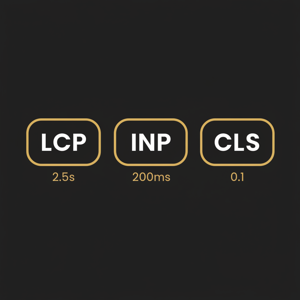 Three metric boxes showing LCP, INP, and CLS thresholds for passing Core Web Vitals