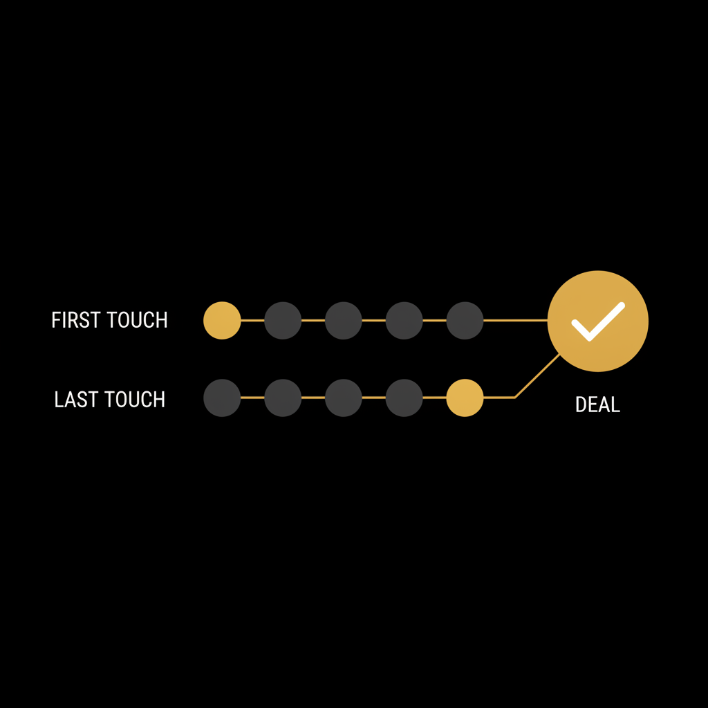 Diagram showing first-touch and last-touch attribution as two paths from touchpoints to closed deal