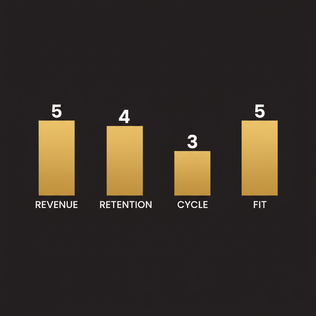 Four-dimension scoring matrix showing revenue, retention, sales cycle, and product fit
