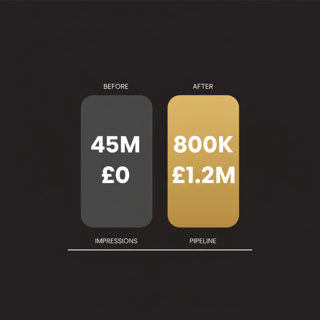 Before and after comparison showing 45M impressions with zero pipeline versus 800K impressions with 1.2M pipeline