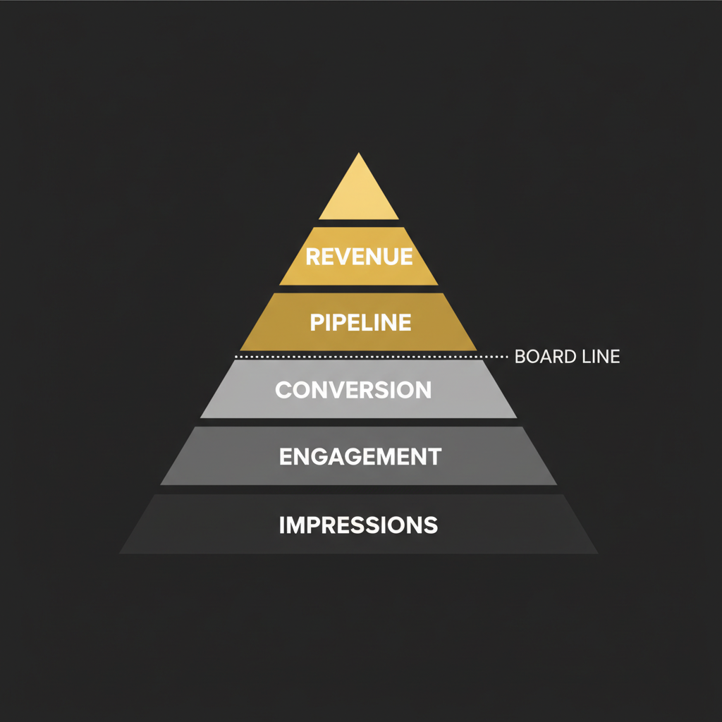 Five-level pyramid diagram showing measurement hierarchy from impressions at base to revenue at top