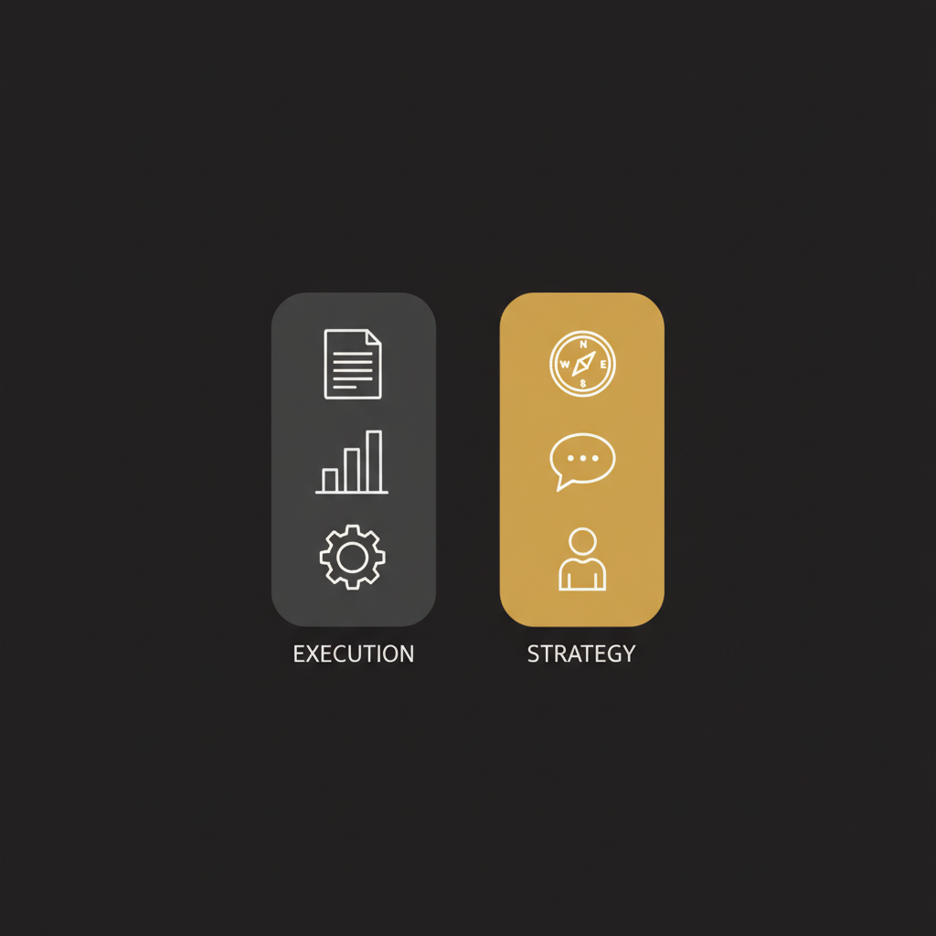 Two columns comparing AI agent strengths in execution tasks versus human strengths in strategy and judgement