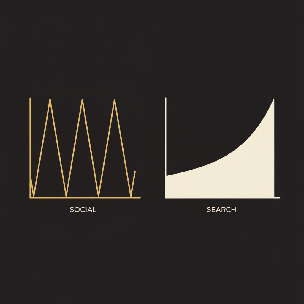 Visual comparison of social content decay versus search content compounding over time