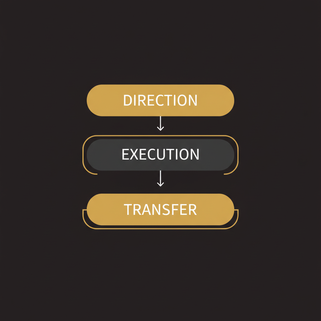Three-layer diagram showing human direction at top, AI execution in middle, and human capability transfer at bottom