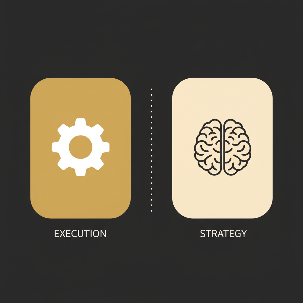 Two contrasting panels showing execution as AI-suited and strategy as human-suited
