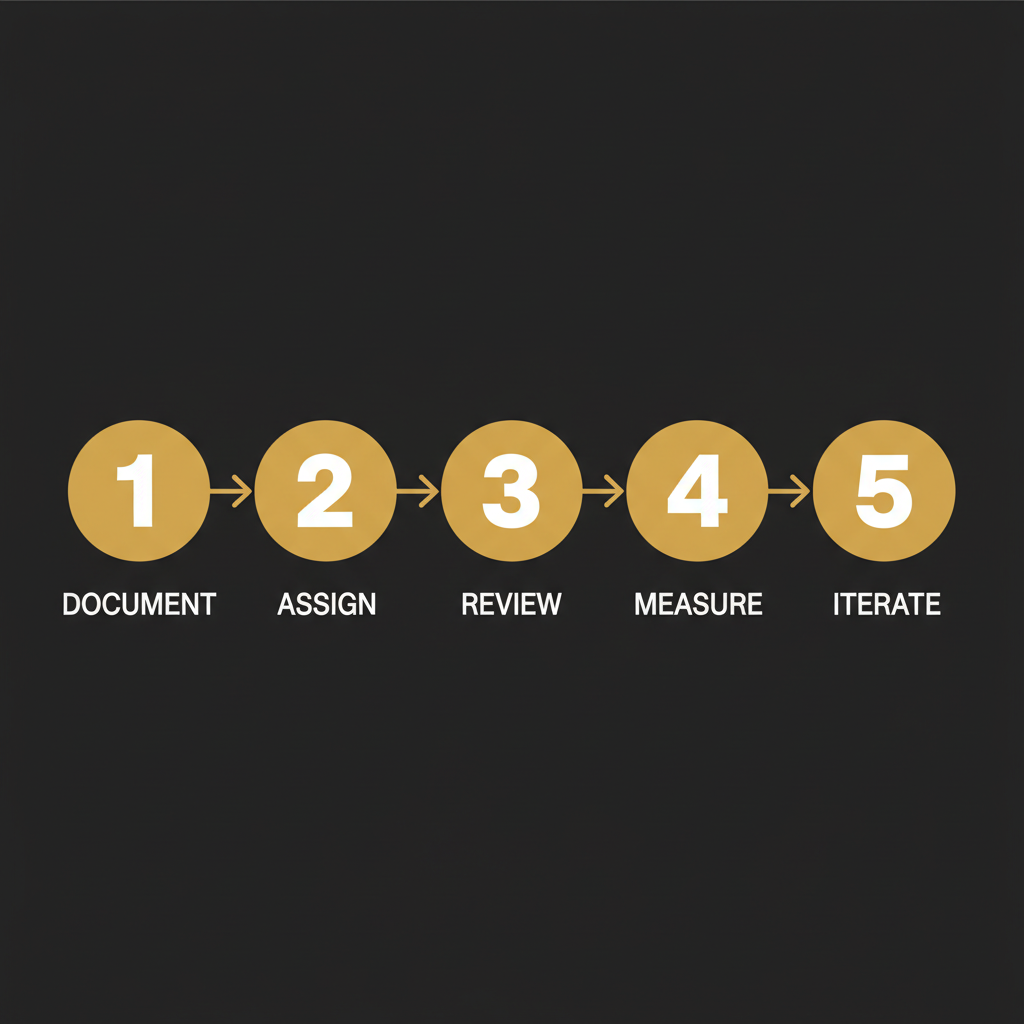 Five-step process diagram for Claude marketing integration: document, assign, review, measure, iterate